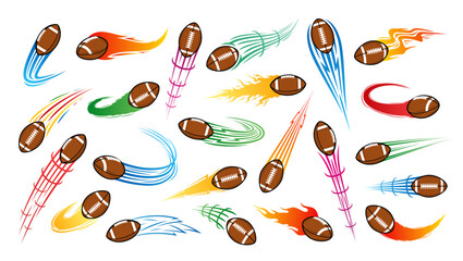 Vector colorful flying american football balls with motion trails
