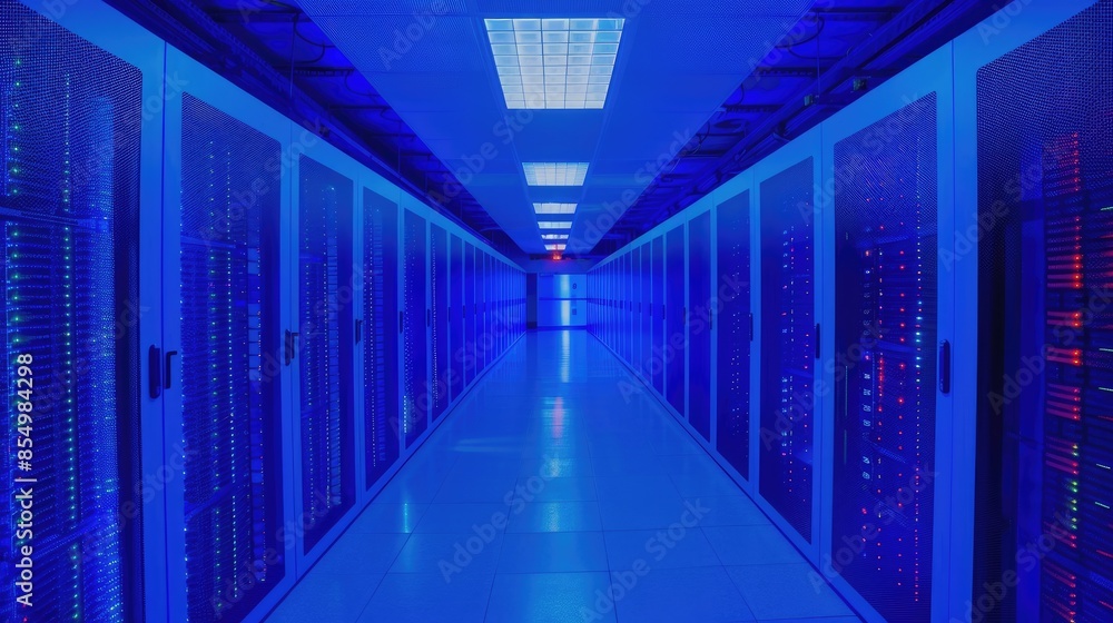 Aufkleber illuminated data center corridor: blue lights guide the way through rows of servers, showcasing the 