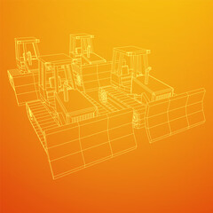 Big front-end loader bulldozer. Heavy equipment machine and manufacturing equipment for mining. Wireframe low poly mesh vector illustration.