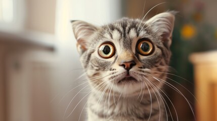 Obraz premium .surprised cat make big eyes. American shorthair surprised cat or kitten funny face big eyes, cute, domestic, kitten, feline, Emotional surprised, kitty, wow