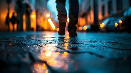 Obraz premium Solitary Figure Navigates Moody Urban Alley at Night