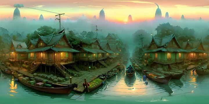 equirectangular panorama of a fantasy city, canal, fog