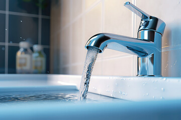 The sink is filled with water flowing from the faucet