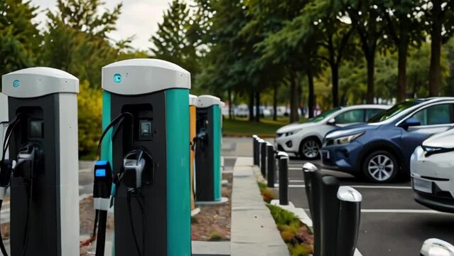 Row of Electric Vehicle Charging Stations with Cars Parked