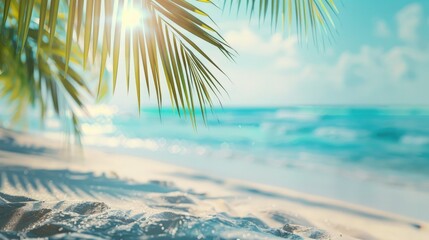  Beautiful tropical background with palm leaves and sand, closeup. Summer mock-up for presentation