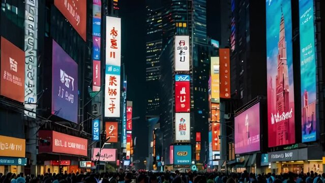 Nighttime View of Times Square in New York City with Brightly Lit Billboards