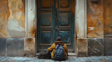 Obraz premium Homeless Person Resting in a Doorway with Shallow Depth of Field and Space for Text