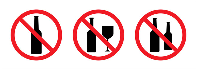 No alcohol sign symbols. Set of no alcohol vector signs. Do not drink alcohol in this area. Prohibited icons of drink alcohol. No alcohol, No drinking vector illustration.