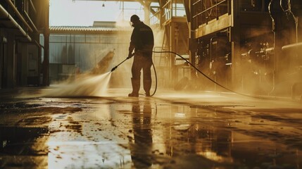 Man wielding high-pressure water sprayer, blasting away dirt and grime for spotless floors in industrial settings