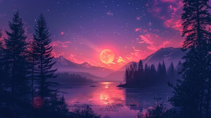 A breathtaking view of a pink and purple sunset over a tranquil mountain lake, with trees silhouetted against the vibrant sky.