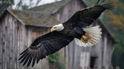 Obraz premium Majestic Bald Eagle Soaring Above Vintage Farmhouse in Countryside Landscape