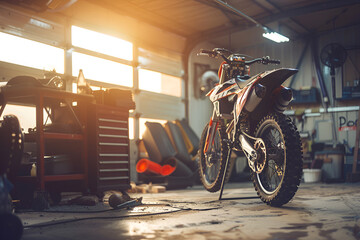 Motocross Bike in a Sunlit Garage Workshop