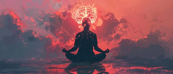 A person meditating in a tranquil setting with a glowing brain illustration behind them, symbolizing mental clarity and inner peace.