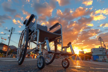 A solitary wheelchair stands prominently in the middle of a city street during sunset, capturing the serene beauty of urban life juxtaposed with themes of mobility and accessibility