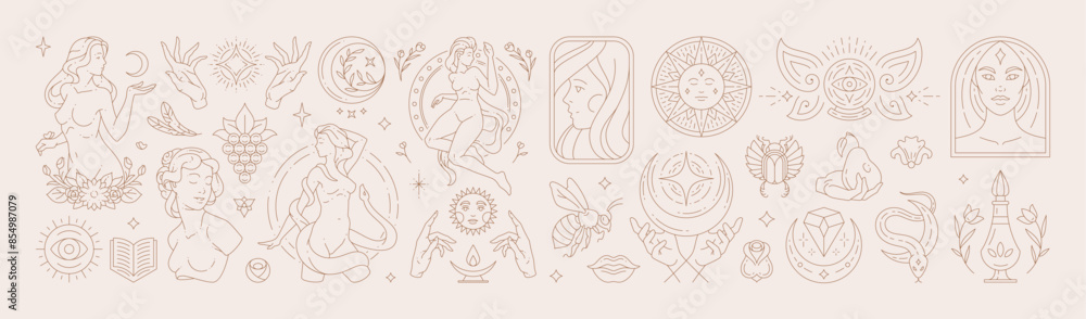 Wall mural big set of woman and magic symbols in line art style. beauty fashion esoteric concepts.