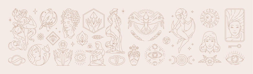 Big set of woman and magic symbols in line art style. Beauty fashion esoteric concepts.