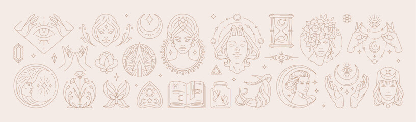 Big set of woman and magic symbols in line art style. Beauty fashion esoteric concepts.