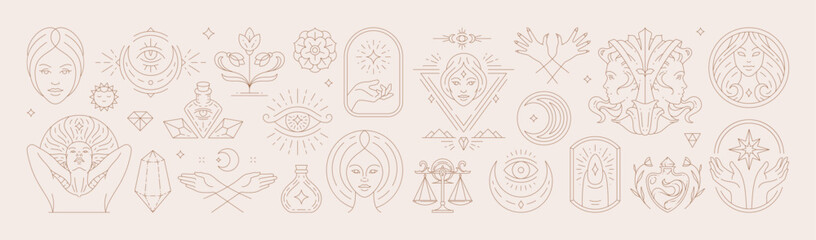 Big set of woman and magic symbols in line art style. Beauty fashion esoteric concepts.