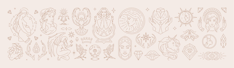Big set of woman and magic symbols in line art style. Beauty fashion esoteric concepts. © provectors