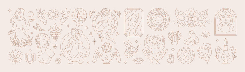 Big set of woman and magic symbols in line art style. Beauty fashion esoteric concepts.