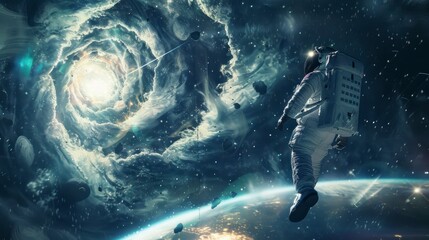 Fototapeta premium astronaut floating in space or falling into a black or worm hole on his back
