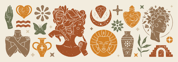 Trendy boho shapes and women illustrations set