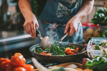 person cooking a salad delicious plant-based meal in the kitchen, surrounded by fresh ingredients and healthy food, symbolizing the beginning of a journey towards healthier eating habits