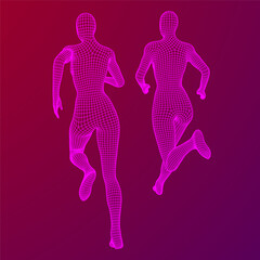 Running woman. Sprinter silhouette. Wireframe low poly mesh vector illustration