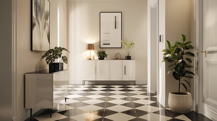 Modern hallway showcasing a black and white tile floor, a minimalist white cabinet with decorative plants, and contemporary artwork on the walls, softly lit