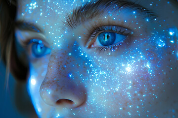 A face with semi-transparent virtual icons and binary code floating in the air