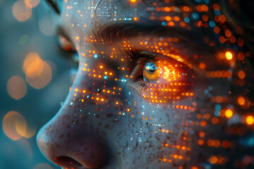 A face with semi-transparent virtual icons and binary code floating in the air