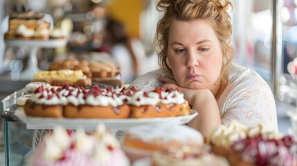 Overweight Woman Gazing at Tempting Bakery Treats,Conflicted Emotions