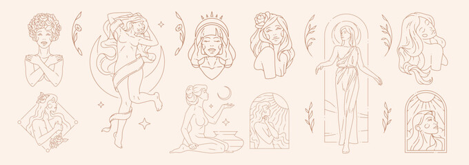 Big set of woman beauty concepts and figures in line art style.