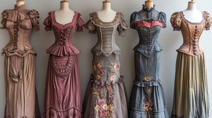 A beautifully curated display of exquisite Victorian-era dresses showcasing intricate designs, delicate fabrics, and historical fashion craftsmanship on mannequins
