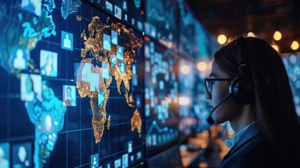 A woman wearing a headset looks at a large screen displaying a digital world map with data points.