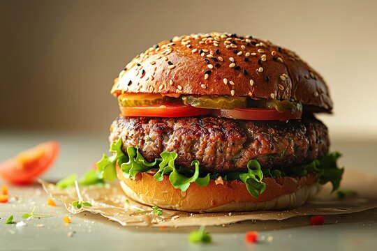 A 3D rendered vegan burger, a fusion of taste, sustainability, and innovation, challenging culinary traditions