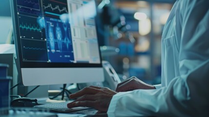 A close-up shot of a doctor's hands typing on a computer, with medical records and treatment plans displayed on the screen, set against a backdrop of medical equipment and diagnostic tools