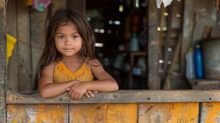 Fototapeta premium Young girl with a serene expression stands leaning on a rustic wooden fence in a modest setting, showcasing the simplicity and innocence of childhood