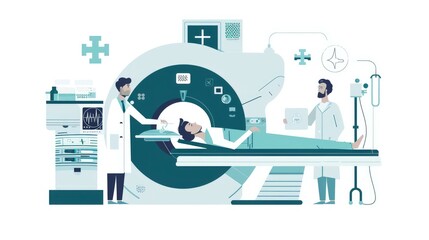An illustration of a patient undergoing a medical scan, with detailed depictions of diagnostic equipment and treatment options, emphasizing the importance of early detection and intervention