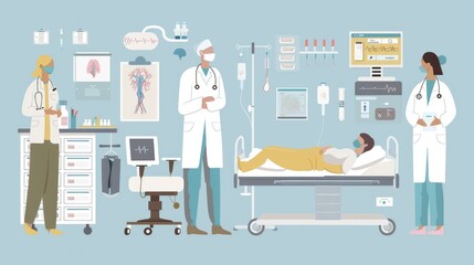 Obraz premium A series of medical illustrations showing the progression of a disease, from initial symptoms to diagnosis and treatment, with detailed depictions of medical equipment and medication options