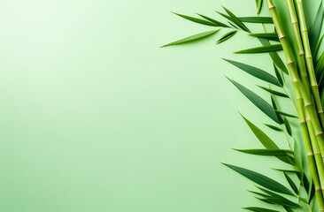 Fototapeta premium Bamboo stems and leaves on a green background with copy space