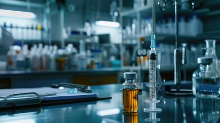A close-up shot of a syringe filled with medicine, next to a vial of clear liquid, with medical equipment and treatment tools arranged in a clinical setting