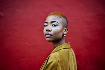 A striking portrait of an individual with a bold hairstyle and nose piercing standing against a vibrant red textured background wearing an earthy-toned jacket