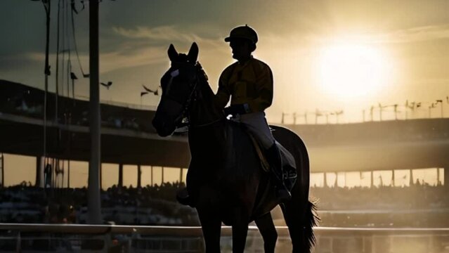 Silhouette of Jockey and Horse at Sunset on Racetrack