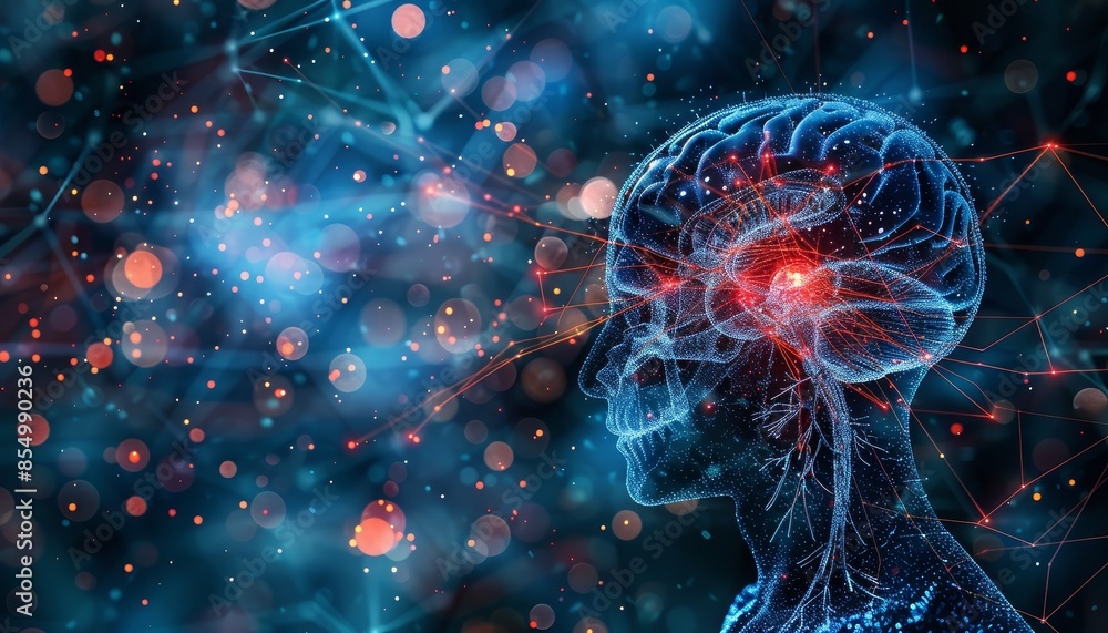 Aufkleber digital illustration of human brain activity with neural connections and glowing nodes, representing