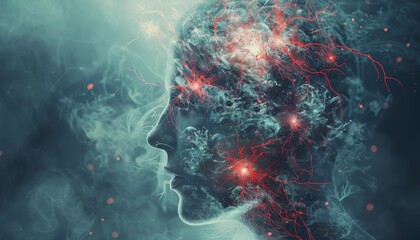 Digital representation of a human head highlighting neural connections and brain activity. Abstract, futuristic science and technology concept.