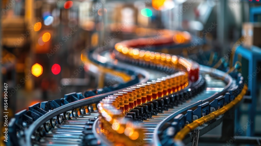 Poster automated conveyor belt system moving products through different stages of a manufacturing workflow 