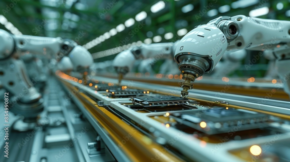 Poster robotic arms meticulously assembling electronic components on an advanced production line showcasing