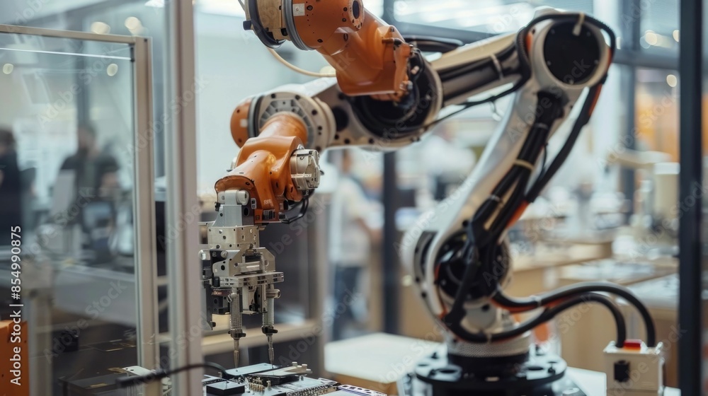Poster image of robotic arms meticulously assembling electronic components in a high tech production facili