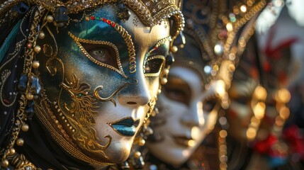 Fototapeta premium A woman wears a golden and blue Venetian mask with intricate details. The mask is decorated with jewels and beads.